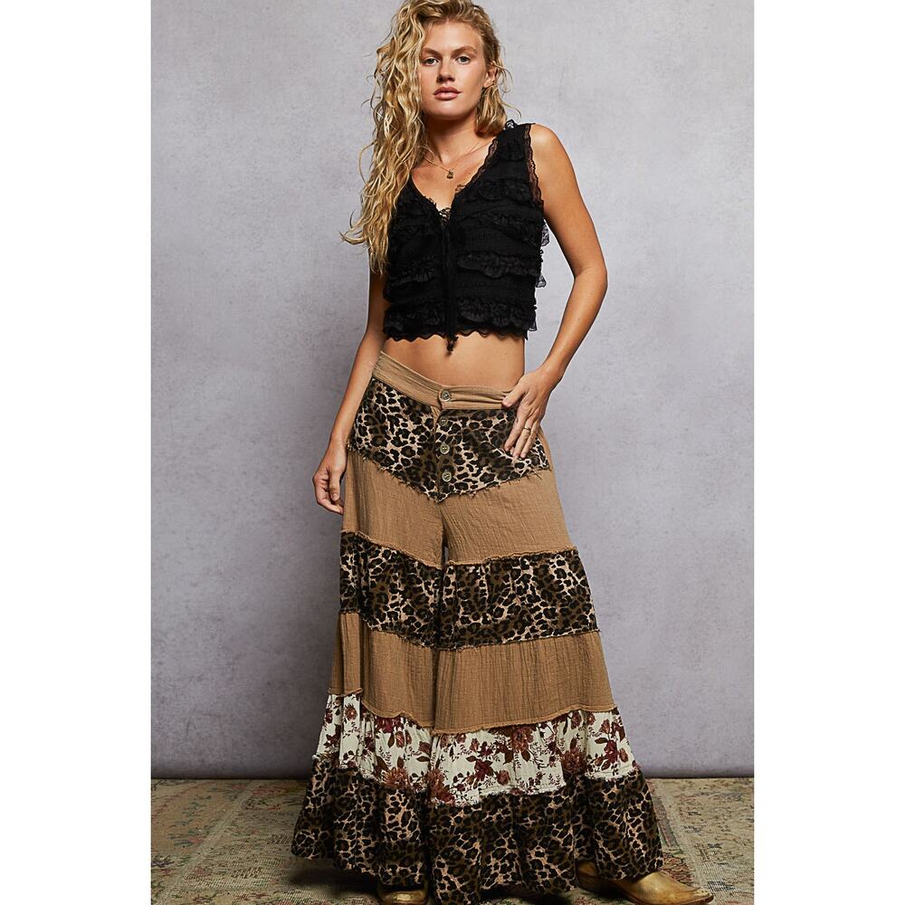 Pol Double Gauze Animal Print Patch work Wide Leg Pants - Picture 1 of 5